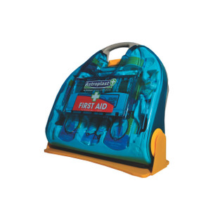 CW Office Wallace Adulto Prem 50 Faid Disp, portable first aid kit with medical supplies in a transparent blue case with orange wheels and handle.