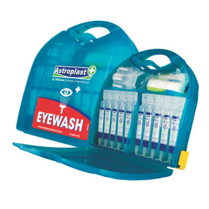 CW Office Wallace Piccolo Eye Wash Dispenser, a portable blue plastic eye wash station with multiple eye wash bottles and fittings for emergency eye irrigation.