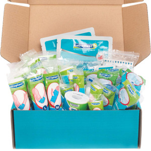 CW Office Wallace Cameron Catr 1ST Aid Kit Rfl, first aid supplies in a brown and blue cardboard box including bandages, gloves, medical tape, and wound care accessories.
