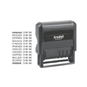 CW Office Trodat Printy Dater Phrase 4817, black self-inking date stamp with white text logo on top and date printing mechanism underneath.