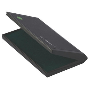 CW Office Q-Connect Stamp Pad Mtl Case Lge GRN, green ink stamp pad with a large rectangular shape and black protective casing.