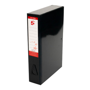 CW Office Box File Foolscap Black PK5, a black plastic file storage box designed for foolscap-sized documents with an easy-to-use locking mechanism.