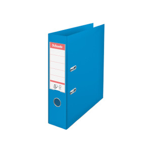 CW Office Esselte 75MM Lever Arch A4 Blue P10, blue lever arch file with label holder and metal finger ring holes for filing and organizing documents.