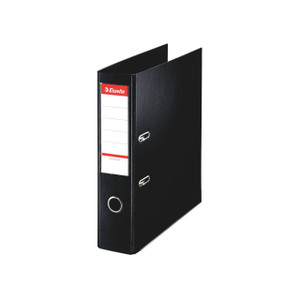 CW Office Esselte 75MM Lach File A4 Black PK10, a black A4-sized file storage box with a textured surface, metal label holder, and circular finger hole for easy handling, designed for organizing and storing documents.