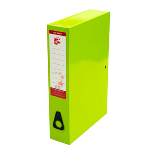 CW Office Box File Foolscap Green PK5, a sturdy green plastic file box designed for storing foolscap-sized documents, featuring a label holder and a black handle for easy gripping and transport.