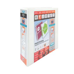 CW Office Elba Panorama Lever Arch A4 WHT PK5, white lever arch file for organizing and storing documents, with specifications and features highlighted on packaging.