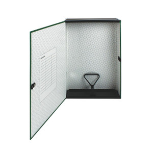 CW Office Q-Connect 75MM Box File FC Green PK5, open green box file with a lift-up lid, interior lined with patterned paper, featuring a paper pocket and a black plastic document holder inside.