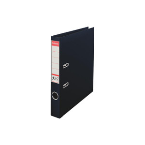 CW Office Esselte 50MM Lach File A4 Black PK10, a black A4-sized lever arch file with metal rings and a label holder on the spine for organizing documents.