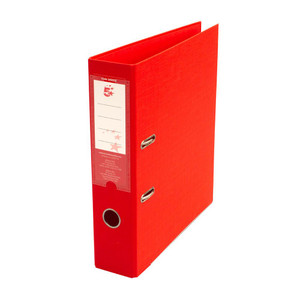 CW Office Prem Lever Arch File A4 PP Red PK10, red plastic lever arch file with label holder and metal rings for organizing A4 documents.