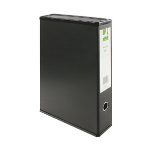 CW Office Q-Connect 75MM Box File FC Black PK5, a black rectangular plastic storage box file with a label holder on the side for organizing documents.