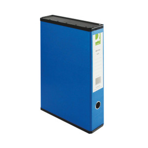 Product CW Office Q-Connect 75MM Box File FC Blue PK5, blue plastic storage box file for organizing documents with a label holder on the spine.