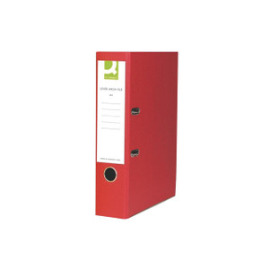 CW Office Q-Connect Lach Foolscap Red PK10, a red plastic lever arch file for organizing documents with a label holder on the spine.