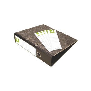 CW Office Q-Connect Lever Arch File Spine Labels, a black lever arch file with a textured spine and four white spine labels with green accents.