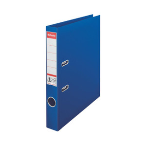 CW Office Esselte PP L/Arch 50MM A4 Blue Pack 10, image of a blue A4-sized lever arch file for office organization with a spine label and metal rings.