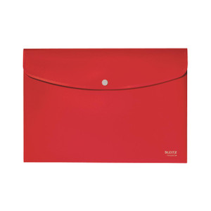 CW Office Leitz Recycle Doc Wallet A4 Red PK10, a red plastic document wallet with a snap button closure.