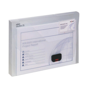 CW Office Snopake A4 25MM Clear Document Box, transparent plastic document storage box with a black and red locking latch
