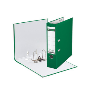 CW Office Leitz 180 Lach File 80MM A4 GRN PK10, green A4-sized file folder with metal rings and label holder for organized document storage.