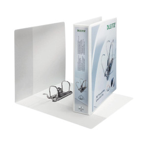 Product CW Office Leitz 180 L/Arch 52MM A4 White PK10, flat white arch file folder with metal binder clips inside a transparent plastic cover.