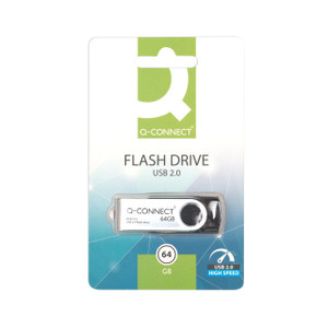 CW Office Q-Connect USB 2.0 Swivel 64GB Drive, compact portable flash drive with swivel design in packaging.