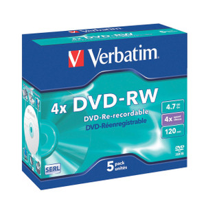 CW Office Verbatim DVD-RW 4X 4.7GB PK5 packaging, digital versatile disc rewritable media box containing five discs for data storage and backup.