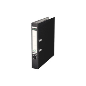 CW Office Leitz 180 Lach File 50MM A4 Black Pack of 10, an image of a black filing binder with label space and metal rings for holding A4 documents.