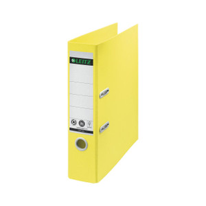CW Office Leitz Recycle Laf A4 80MM Ylw PK10, yellow A4 file binder with 80mm spine and label holder.