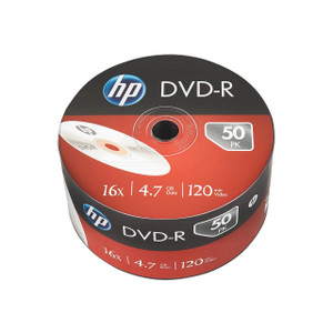 CW Office HP DVD-R 16X 4.7GB Wrap PK50, blank storage DVD discs, 50-pack spindle, designed for data storage and video recording.