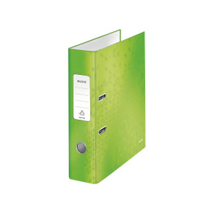 CW Office Leitz 180 Wow La File A4 Green PK10, a green A4 file folder with a geometric pattern and metal rings for organizing documents.