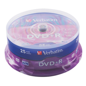 CW Office Verbatim DVD+R 16X 4.7GB Spindle 25, a pack of blank DVD discs in a purple and clear plastic spindle for data storage and video recording.