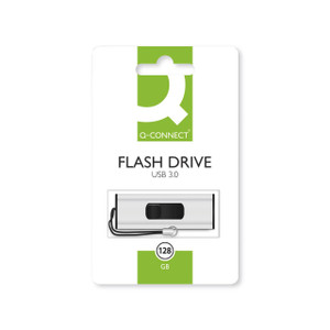 CW Office Q-Connect USB 3.0 Slider 128GB Drive, compact black and silver flash drive with attached wrist strap in packaging.
