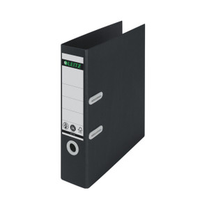 CW Office Leitz LAF180 Recyc 80MM A4 BLK PK10, a black reyclable A4 file storage binder with a label holder and metal ring binders for organizing documents.
