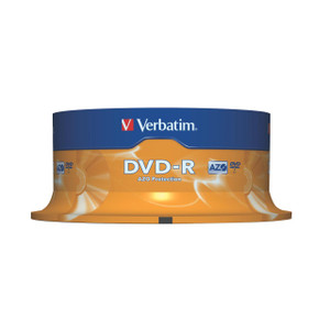 CW Office Verbatim DVD-R 16X Speed Pack of 25 DVDs, orange and blue packaging with AZO protection label, designed for reliable data storage and archival.