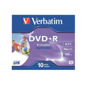 CW Office Verbatim DVD+R, printable 4.7GB 10-pack with colorful packaging featuring children playing with a ball.