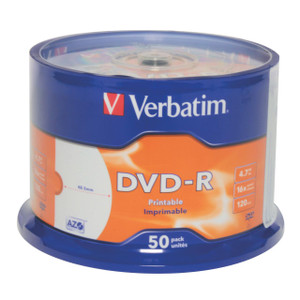 CW Office Verbatim DVD-R 4.7GB 16X Printable Pack of 50 discs, slim spindle packaging.