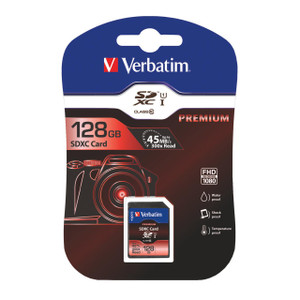 CW Office Verbatim Premium SDXC Memory Card 128GB, retail packaging with a camera graphic, waterproof, shockproof, and temperature proof features, supports 45MB/s transfer speed, 300x read speed, FHD 1080p recording, and includes a small SD card image.