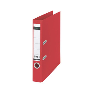 CW Office Recyclecolours Lach A4 50MM Red PK10, red A4-sized file folder for office organizing with label holder and sturdy construction.