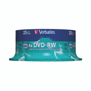CW Office Verbatim DVD-RW 4X Non Print 25, pack of 25 rewritable DVD discs for data storage and backup.