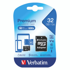 CW Office Verbatim MicroSDHC Card CL/10 32GB, packaging showcasing a 32GB microSDHC memory card with waterproof, shock-resistant, and temperature-resistant features, along with a microSD adapter.