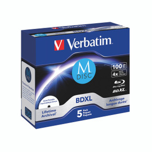 Product CW Office Verbatim M-Disc Bd-R Xl 100GB PK5, packaging of five Blu-ray discs with 100GB capacity each, featuring blue and black design with Verbatim branding and M-Disc logo for long-term data storage.