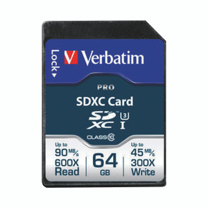 CW Office Verbatim Pro SDXC 64GB Memory Card, image showing the product in its packaging with detailed specifications printed on it.