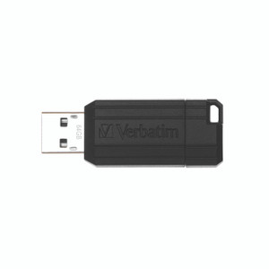 CW Office Verbatim Pinstripe 64GB USB Drive, black USB flash drive with a compact design and the Verbatim logo, showcasing storage capacity of 64GB.