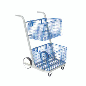 CW Office Gosecure Major Mail Trolley Silver, a mobile metal trolley with two blue wire baskets and four caster wheels for secure mail transportation.
