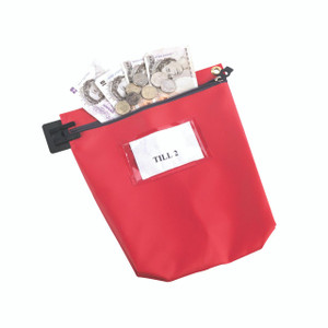 CW Office Gosecure Cash BAG With Window Red, a secure red cash bag with a transparent window and zipper closure, containing banknotes and coins, used for cash handling and transportation.