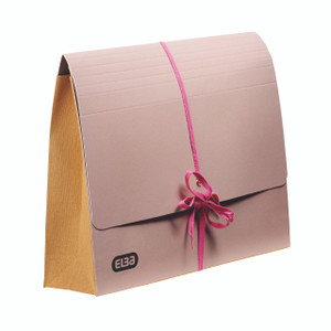 CW Office Elba Legal Wallet 75MM Buff PK25, pink and yellow legal document wallet with a pink ribbon tie.
