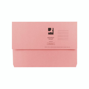 CW Office Q-Connect Document Wallet in pink, featuring a rectangular shape with a flap closure and printed branding and specifications on the front.