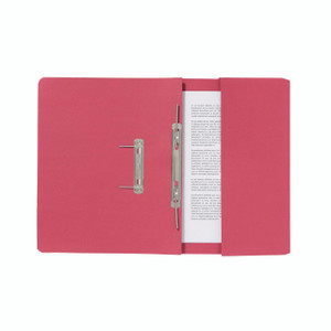CW Office Guildhall Pkt Sprl File Red PK25, pink file folder with metal binder mechanisms and a document inside.
