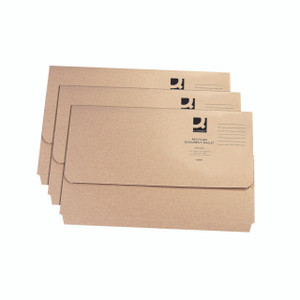CW Office Q-Connect Doc Wallet FS Buff PK50, three recycled document wallets in buff color arranged stacked with front sides visible.