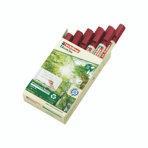 CW Office Edding 28 Ecoline Drywipe PK10 Red, pack of 10 red dry-erase markers in a cardboard box with eco-friendly design and tree illustration.