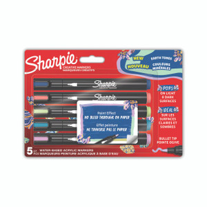 CW Office Sharpie Marker Bullet AST Earth PK5, set of five colorful markers with earth tones including blue, green, purple, pink, and black, designed for creative writing and art projects.