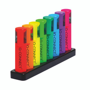 CW Office Q-Connect Deskset W/8 Neon Highltrs, image of eight colorful neon highlighters in a row on a black stand.